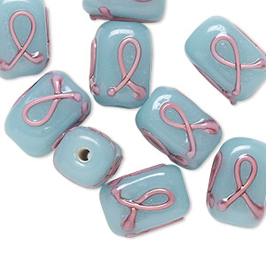 Bead, lampworked glass, blue and pink, 13x11mm rectangle with pink awareness ribbon design on four sides. Sold per pkg of 10.