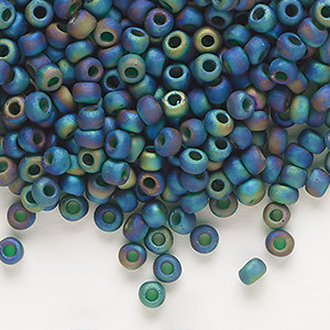 Seed bead, Dyna-Mites&#153;, glass, transparent frosted rainbow peacock, #6 round. Sold per 40-gram pkg.