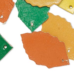 Component, leather (dyed), assorted colors, 33x20mm leaf. Sold per pkg of 8.