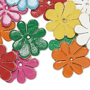Component, leather (dyed), assorted colors, 18x18mm flower. Sold per pkg of 16.