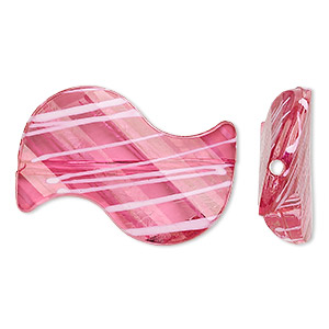Bead, acrylic, semitransparent fuchsia and white, 35x23mm S-shape with painted line design. Sold per pkg of 24.