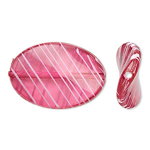Bead, acrylic, semitransparent fuchsia and white, 35x25mm twisted flat oval with painted line design. Sold per pkg of 28.