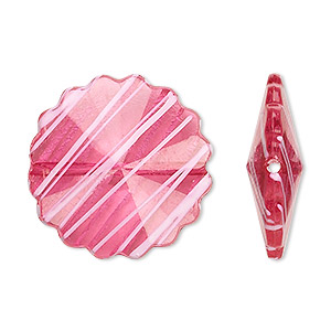 Bead, acrylic, semitransparent fuchsia and white, 25mm faceted round flower with painted line design. Sold per pkg of 48.