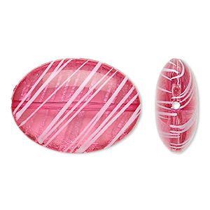 Bead, acrylic, semitransparent fuchsia and white, 33x24mm puffed oval with painted line design. Sold per pkg of 18.