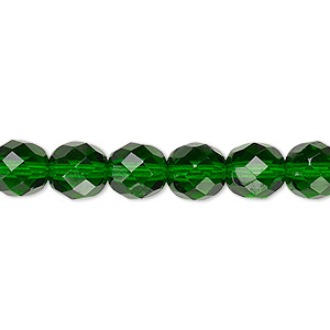 Bead, Czech fire-polished glass, transparent emerald green, 8mm faceted round. Sold per 15-1/2&quot; to 16&quot; strand, approximately 50 beads.