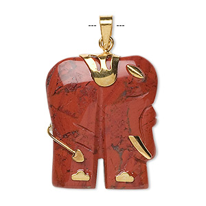 Pendant, red jasper (natural) and gold-finished &quot;pewter&quot; (zinc-based alloy), 28x23mm-30x25mm single-sided elephant. Sold individually.