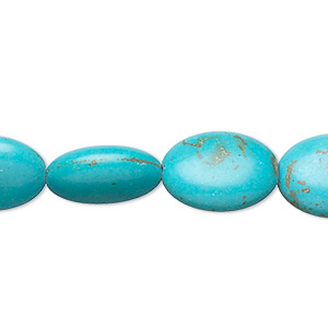Bead, magnesite (dyed / stabilized), teal, 15x12mm-16x12mm puffed oval, C- grade, Mohs hardness 3-1/2 to 4. Sold per 15-inch strand.
