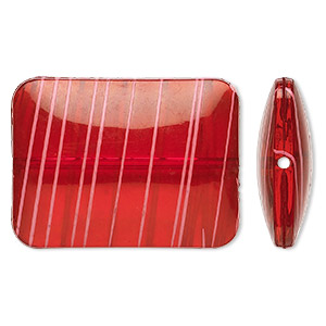 Bead, acrylic, semitransparent red and white, 40x30mm puffed rectangle with painted line design. Sold per pkg of 12.