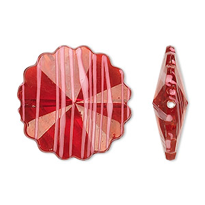 Bead, acrylic, semitransparent red and white, 25mm faceted round flower with painted line design. Sold per pkg of 48.