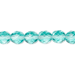 Bead, Czech fire-polished glass, transparent light aqua, 8mm faceted round. Sold per 15-1/2&quot; to 16&quot; strand, approximately 50 beads.