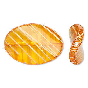 Bead, acrylic, semitransparent orange and white, 35x25mm twisted flat oval with painted line design. Sold per pkg of 28.