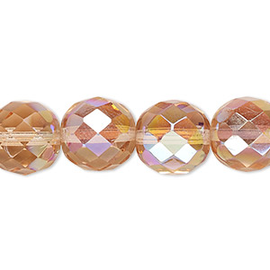 Bead, Czech fire-polished glass, light rose AB, 12mm faceted round. Sold per 15-1/2&quot; to 16&quot; strand.