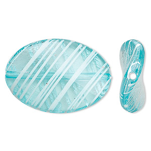 Bead, acrylic, semitransparent blue and white, 35x25mm twisted flat oval with painted line design. Sold per pkg of 28.