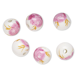 Bead, porcelain, white / pink / yellow, 12mm round with rose decal. Sold per pkg of 6.