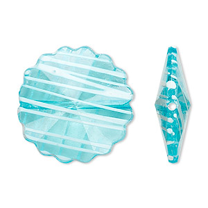 Bead, acrylic, semitransparent blue and white, 25mm faceted round flower with painted line design. Sold per pkg of 48.