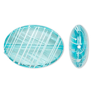 Bead, acrylic, semitransparent blue and white, 33x24mm puffed oval with painted line design. Sold per pkg of 18.