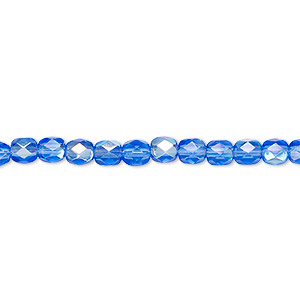 Bead, Czech fire-polished glass, light cobalt AB, 4mm faceted round ...
