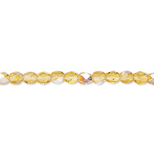 Bead, Czech fire-polished glass, honey AB, 4mm faceted round. Sold per 15-1/2&quot; to 16&quot; strand.