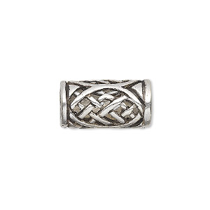Bead, antiqued sterling silver, 18x10mm round tube with cutout Celtic knot design. Sold individually.