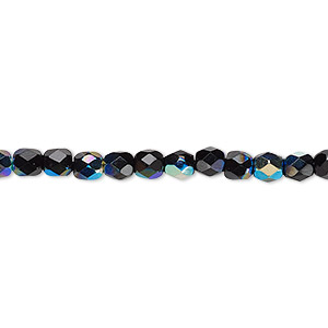 Bead, Czech fire-polished glass, opaque jet AB, 4mm faceted round. Sold per 15-1/2&quot; to 16&quot; strand.