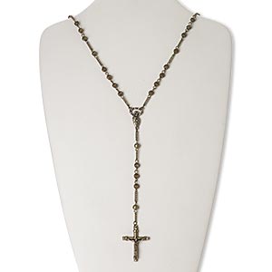 Chaplet, glass rhinestone / antique brass-finished &quot;pewter&quot; (zinc-based alloy) / brass / steel, clear, 38x29mm crucifix, 30 inches with 2-1/2 inch extender chain and lobster claw clasp. Sold individually.