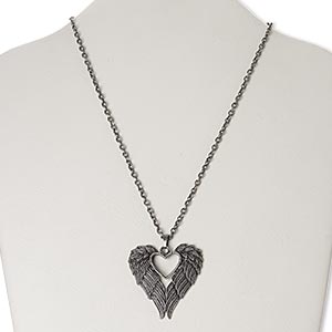 Necklace, antique silver-finished &quot;pewter&quot; (zinc-based alloy) / brass / steel, 45x44mm winged heart, 18 inches with 3-inch extender chain and lobster claw clasp. Sold individually.