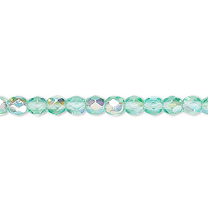 Bead, Czech fire-polished glass, light aqua AB, 4mm faceted round. Sold per 15-1/2&quot; to 16&quot; strand.