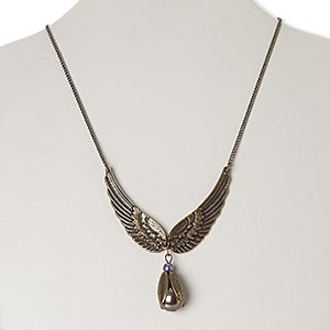 Necklace, acrylic pearl with antique brass-finished &quot;pewter&quot; (zinc-based alloy) and steel, purple and antique brass, 56x16mm wing and 28x16mm dangle, 18 inches with 3-inch extender chain and lobster claw clasp. Sold individually.