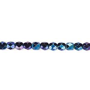 Bead, Czech fire-polished glass, opaque iris blue, 4mm faceted round. Sold per 15-1/2&quot; to 16&quot; strand.