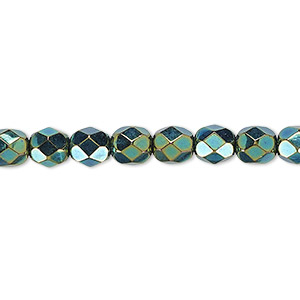 Bead, Czech fire-polished glass, opaque iris green, 6mm faceted round. Sold per 15-1/2&quot; to 16&quot; strand.