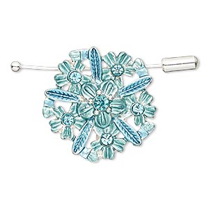Brooch / pendant, glass rhinestone / enamel / silver-finished &quot;pewter&quot; (zinc-based alloy), aqua and blue, 32x31mm flower. Sold individually.