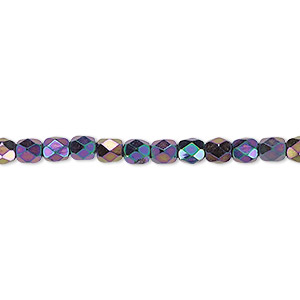 Bead, Czech fire-polished glass, opaque iris purple, 4mm faceted round. Sold per 15-1/2&quot; to 16&quot; strand.