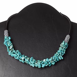 Necklace, magnesite (dyed / stabilized) / nylon cord / glass / plastic, black / grey / blue, 16-1/2 inches with 3-inch loop extender and button clasp. Sold individually.