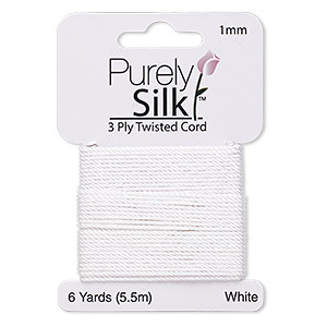 Cord, Purely Silk&#153;, 3-ply, white, 1mm twisted. Sold per 6-yard card.