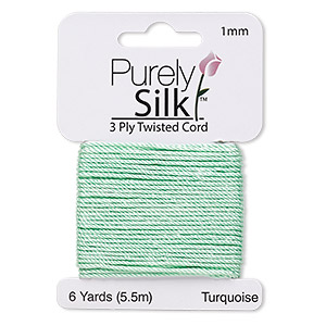 Cord, Purely Silk&#153;, 3-ply, turquoise green, 1mm twisted. Sold per 6-yard card.