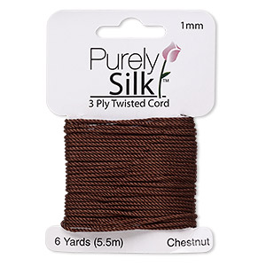 Cord, Purely Silk&#153;, 3-ply, chestnut, 1mm twisted. Sold per 6-yard card.