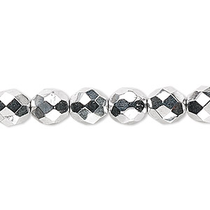 Bead, Czech fire-polished glass, metallic silver, 8mm faceted round. Sold per 15-1/2&quot; to 16&quot; strand.