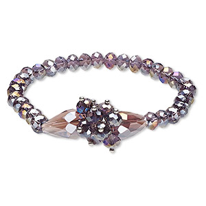 Bracelet, stretch, glass, purple AB, 17mm wide with rondelle and teardrop, 6 inches. Sold individually.