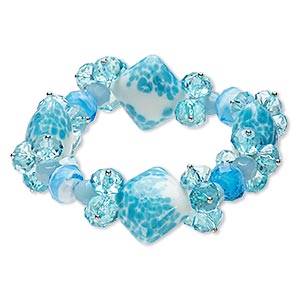 Bracelet, stretch, acrylic / glass / lampworked glass, light blue / blue / white, 26mm wide with square, 6-1/2 inches. Sold individually.