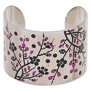 Bracelet, cuff, imitation rhodium-finished carbon steel, black and pink, 46mm wide with cherry blossom design, adjustable from 7-8 inches. Sold individually.