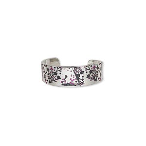 Ring, imitation rhodium-finished carbon steel, black and pink, 6mm wide with cherry blossom design, adjustable. Sold per pkg of 4.