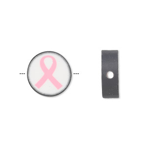 Bead, polymer clay, white / black / pink, 14mm double-sided flat round with awareness ribbon. Sold per pkg of 30.
