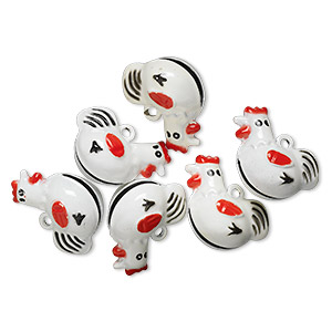 Bell, brass and enamel, white / black / red, 25x21mm chicken. Sold per pkg of 6.