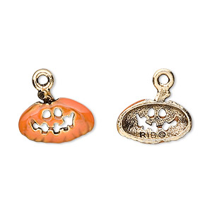Charm, enamel and gold-plated pewter (tin-based alloy), orange, 16x10mm ...