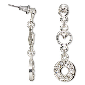 Earring, glass rhinestone / stainless steel / antique silver-finished &quot;pewter&quot; (zinc-based alloy), 1-1/2 inches with circles and post. Sold per pair.