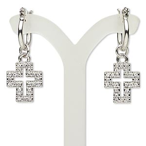 Earring, glass / stainless steel / imitation rhodium-finished &quot;pewter&quot; (zinc-based alloy), clear, 38mm with open cross and latch-back closure. Sold per pair.