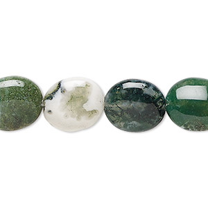 Bead, moss agate (natural), 14x12mm flat oval, B grade, Mohs hardness 6-1/2 to 7. Sold per 15-1/2&quot; to 16&quot; strand.