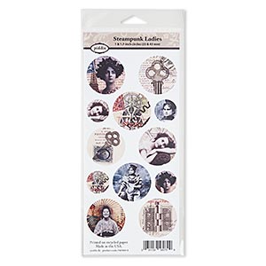 Crafting paper, piddix, matte multicolored, 9-1/2 x 4-1/2 inches with (4) 1-inch and (8) 1-11/16 inch single-sided circle with &quot;Steampunk Ladies&quot; patterns. Sold individually.