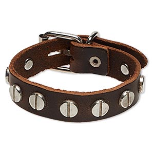 Bracelet, leather (dyed) with imitation rhodium-plated steel and &quot;pewter&quot; (zinc-based alloy), brown, 15mm wide with round studs, adjustable at 6 and 7 inches with buckle-style closure. Sold individually.
