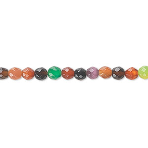 Bead, agate and Malaysia &quot;jade&quot; (natural / dyed / heated), multicolored, 3-4mm faceted round, C grade, Mohs hardness 6-1/2 to 7. Sold per 15-inch strand.